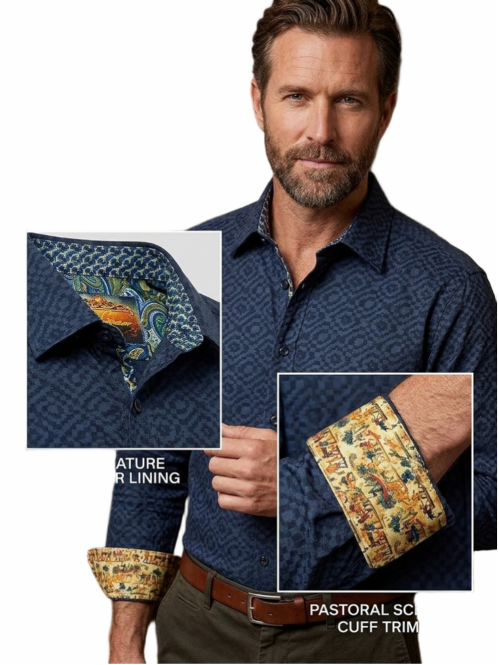 Robert Graham men's XL navy blue Geometric Button Shirt Printed Cuff Trim 1347